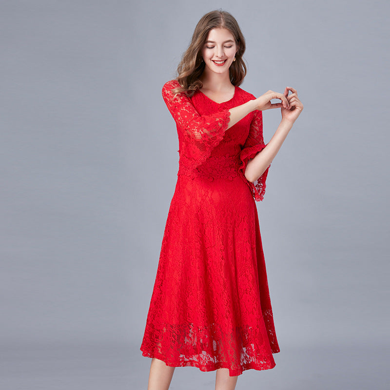 Red Dress Fat Lace Slimming Large Dresses