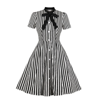 Women's Short-sleeved Retro Black Striped Dress Dresses