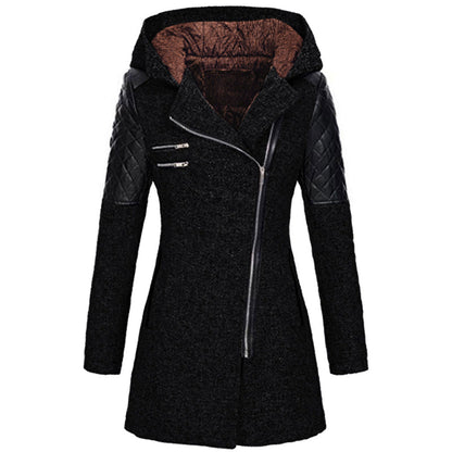 Women's Mid-length Hooded Loose Oblique Zipper Woolen Jackets