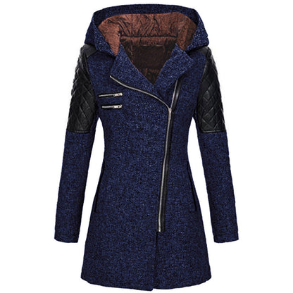 Women's Mid-length Hooded Loose Oblique Zipper Woolen Jackets