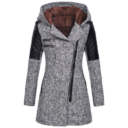 Women's Mid-length Hooded Loose Oblique Zipper Woolen Jackets
