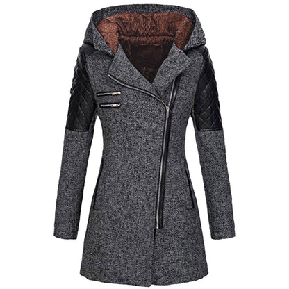 Women's Mid-length Hooded Loose Oblique Zipper Woolen Jackets
