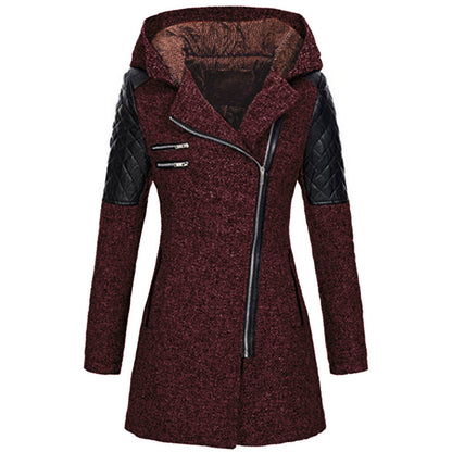 Women's Mid-length Hooded Loose Oblique Zipper Woolen Jackets