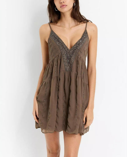 Women Clothing Beaded Sequined Embroidered Suspender Dress