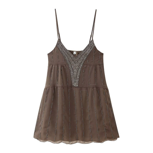 Women Clothing Beaded Sequined Embroidered Suspender Dress