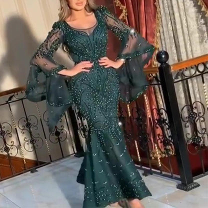 Women's Fashion Wear Dress Gold Long Sleeve Wedding Dresses