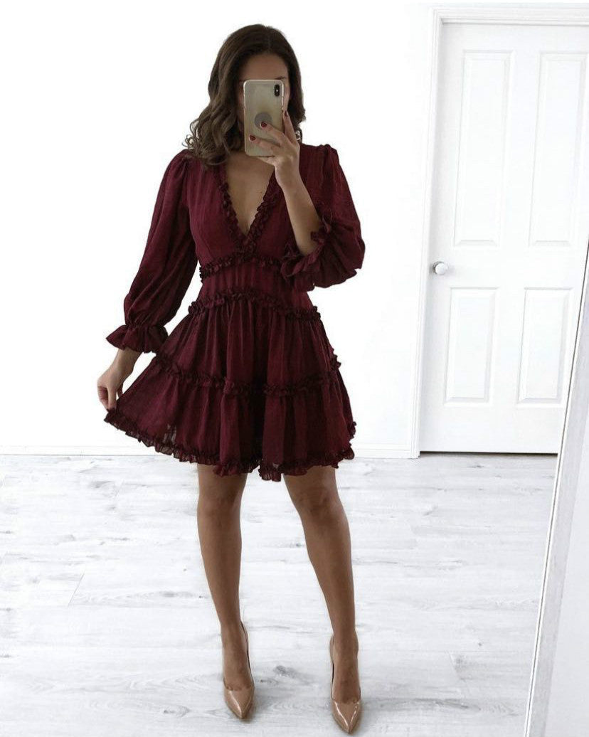 Printed Backless Long Sleeves Wooden Ear Dresses