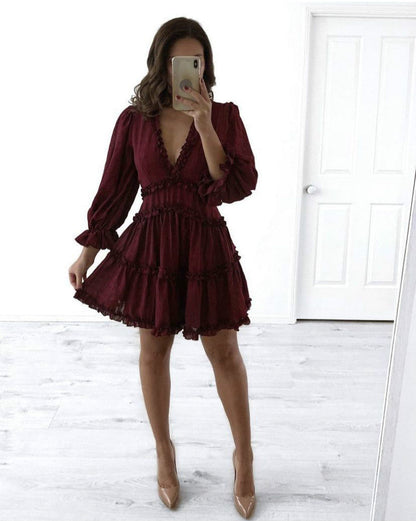 Printed Backless Long Sleeves Wooden Ear Dresses