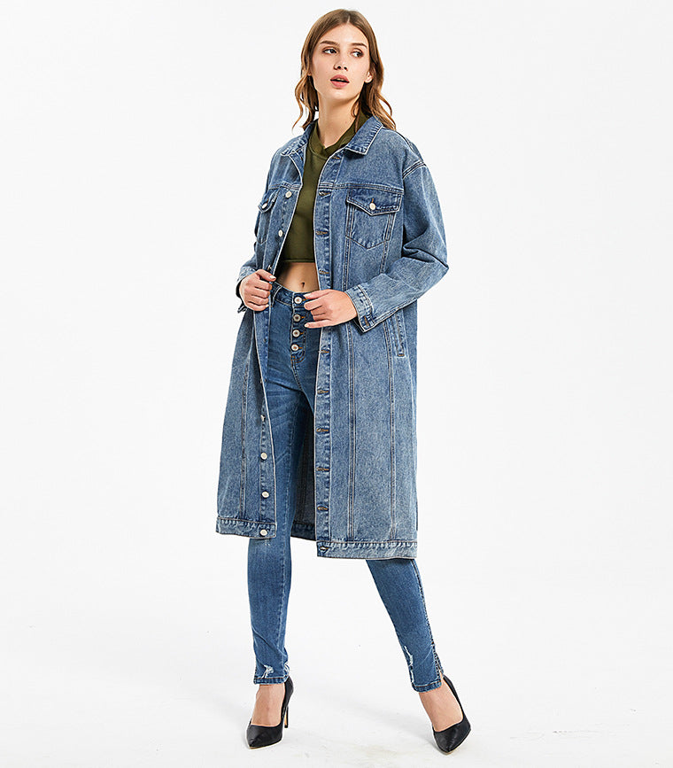 Women's Solid Color Long Sleeve Denim Large Overcoat Loose Jackets