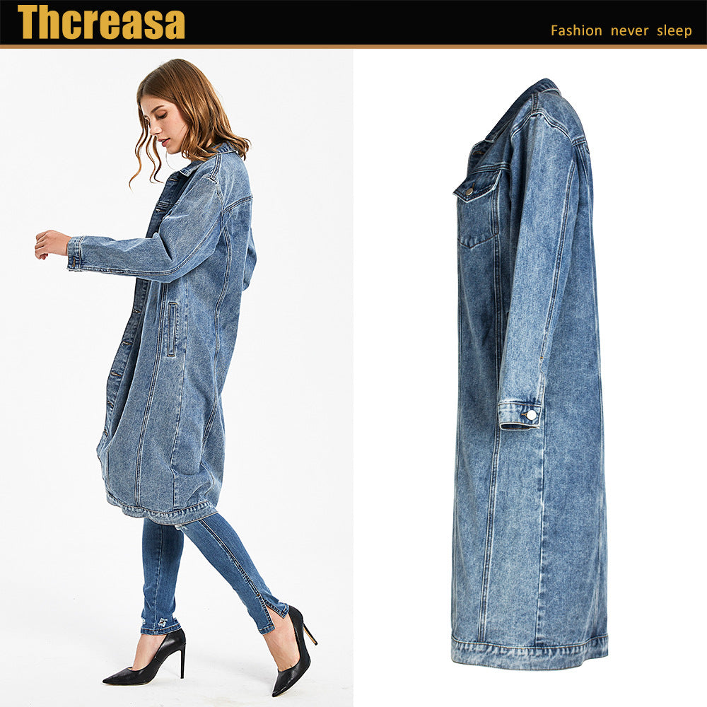 Women's Solid Color Long Sleeve Denim Large Overcoat Loose Jackets
