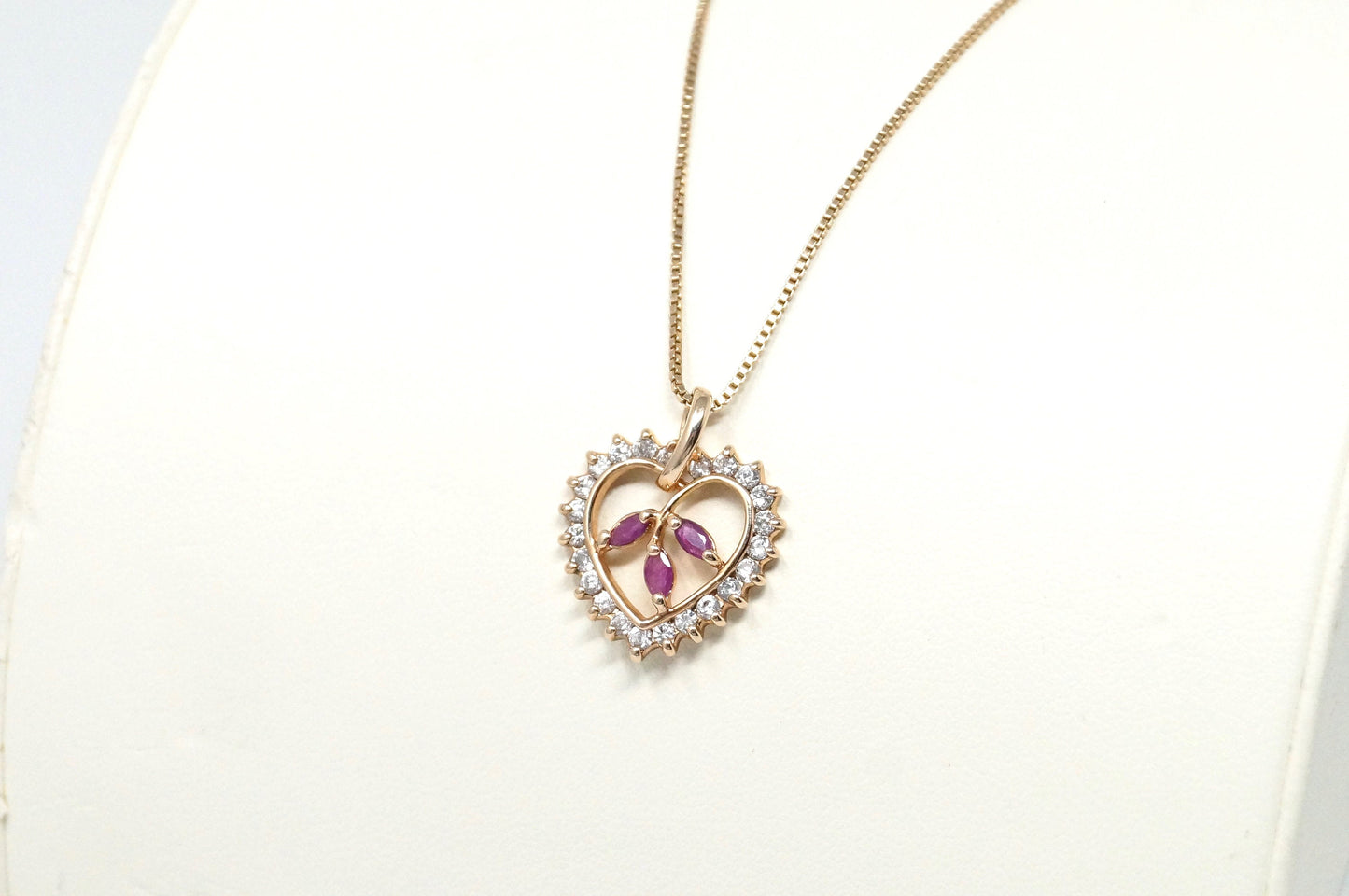 Vtg Ruby Simulated Heart Accented Rose Gold Vermeil Sterling Silver Necklace 18"