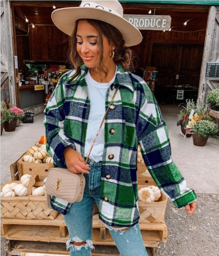 Autumn And Winter Long-Sleeved Loose Plaid Shirt Jacket Women