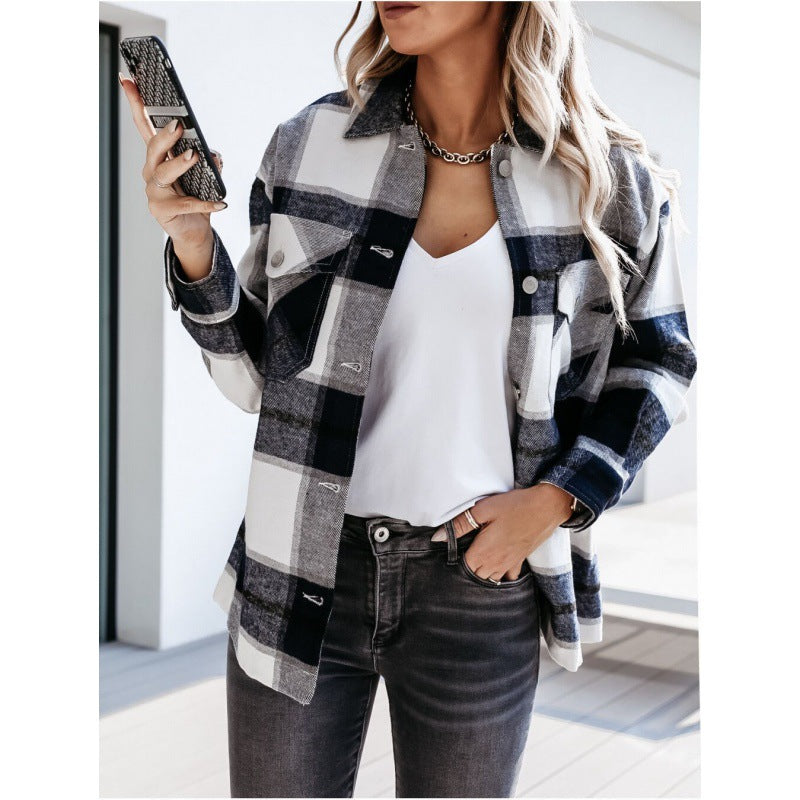 Autumn And Winter Long-Sleeved Loose Plaid Shirt Jacket Women
