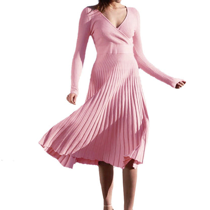 Women's Elegant Long-sleeved Wrapped Chest Mid-length Knitted Pleated Dresses