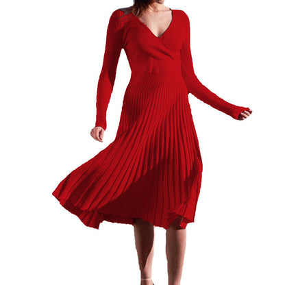 Women's Elegant Long-sleeved Wrapped Chest Mid-length Knitted Pleated Dresses