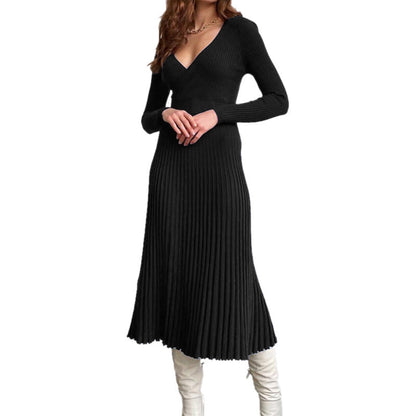 Women's Elegant Long-sleeved Wrapped Chest Mid-length Knitted Pleated Dresses