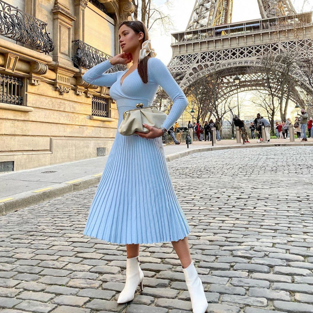 Women's Elegant Long-sleeved Wrapped Chest Mid-length Knitted Pleated Dresses