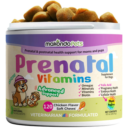 Dog Prenatal Vitamins 120 Soft Chews Multivitamin Folic Acid Zinc B Complex DHA & EPA Omegas and Probiotics Supplement for Pregnant Nursing Breastfeeding pet Mom & Puppy Vitamin Formula