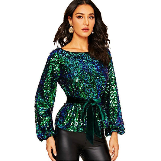 Women's Veet Belt Sequin Fashion Personality Pullover Blouses