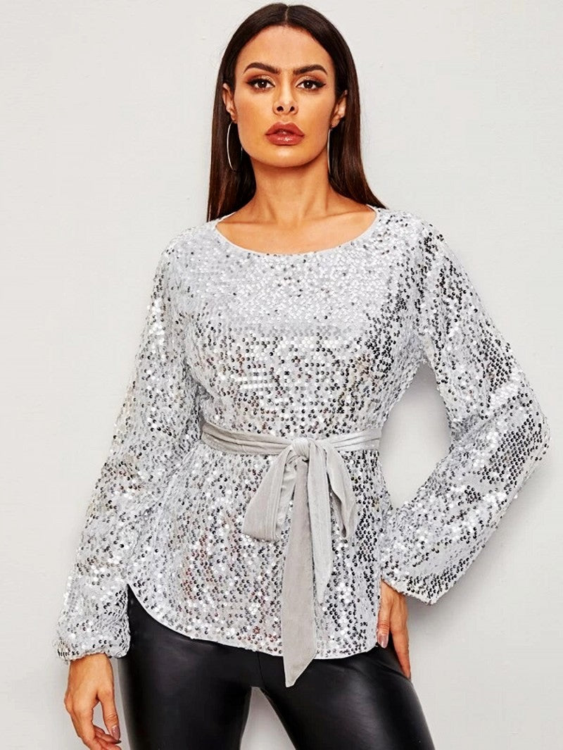 Women's Veet Belt Sequin Fashion Personality Pullover Blouses