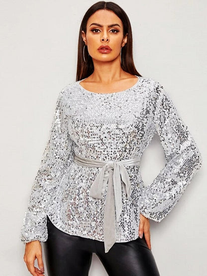 Women's Veet Belt Sequin Fashion Personality Pullover Blouses
