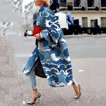 Women's Long Bell Sleeve Printed Loose Trench Coats