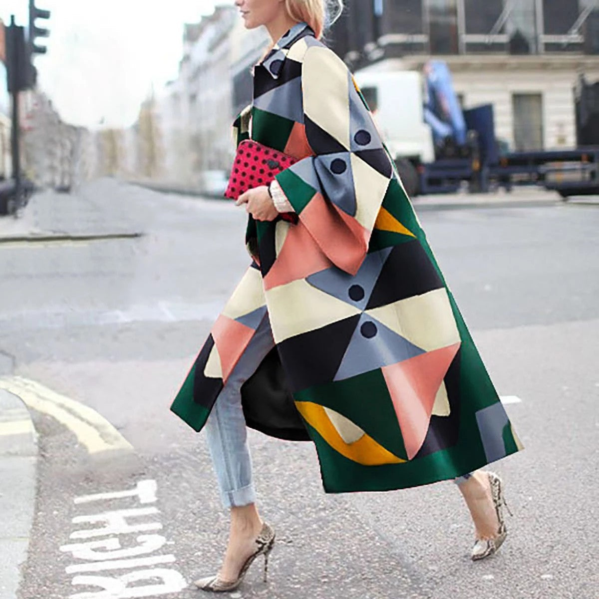 Women's Long Bell Sleeve Printed Loose Trench Coats