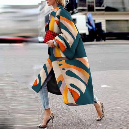 Women's Long Bell Sleeve Printed Loose Trench Coats