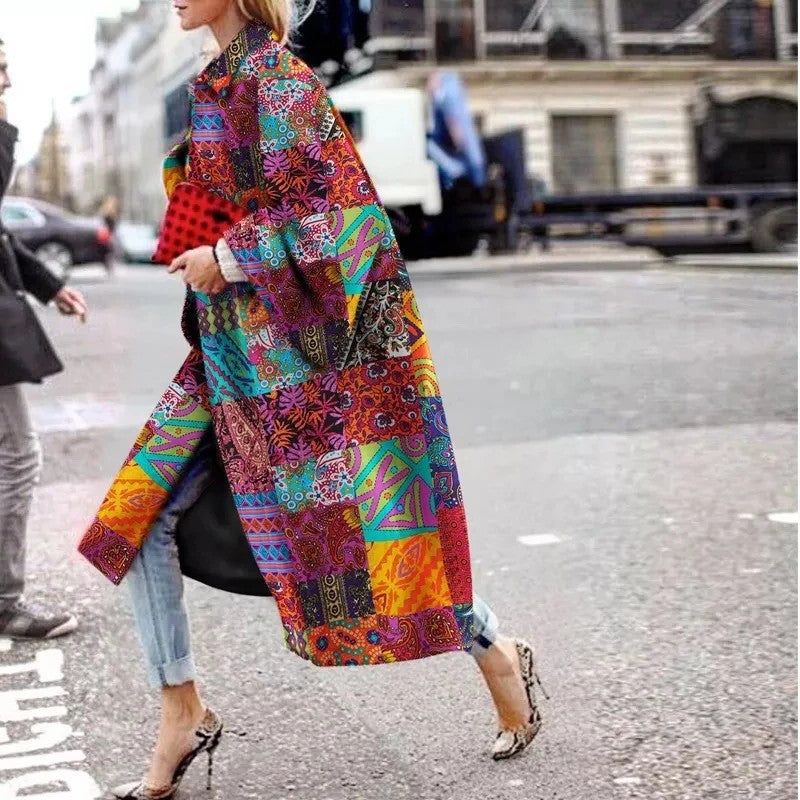 Women's Long Bell Sleeve Printed Loose Trench Coats