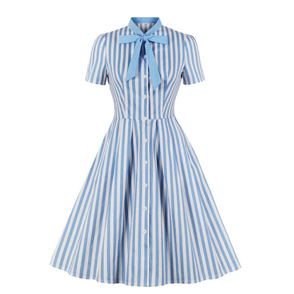 Women's Short-sleeved Retro Black Striped Dress Dresses