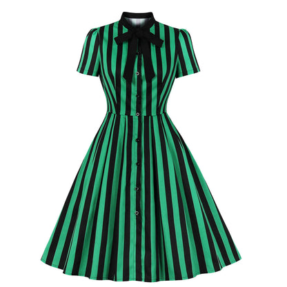Women's Short-sleeved Retro Black Striped Dress Dresses