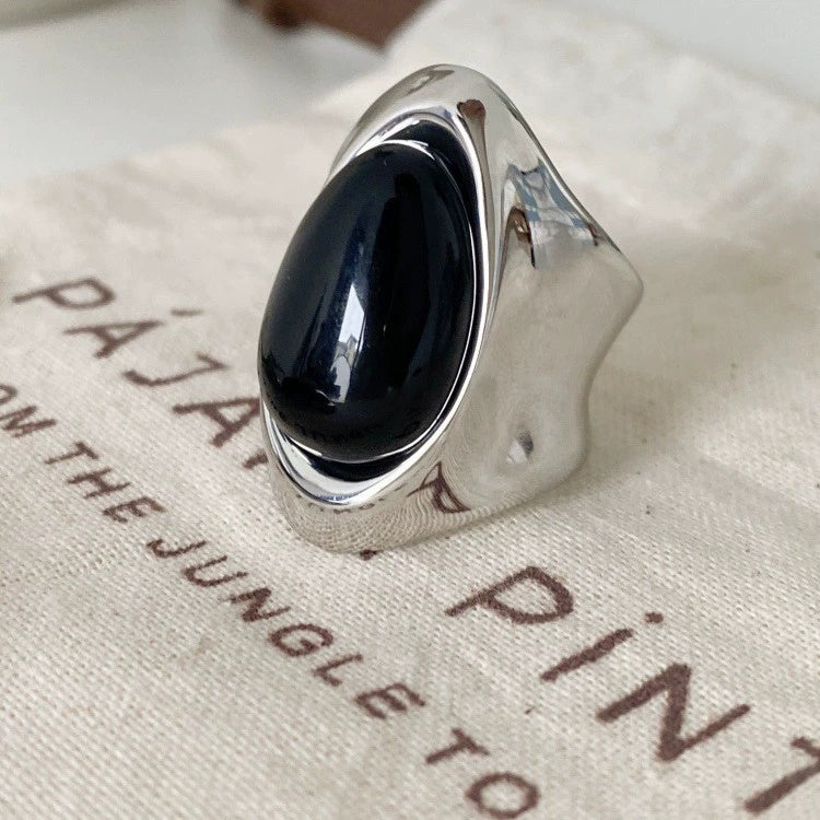 Obsidian Irregular Wide Surface Line Ring