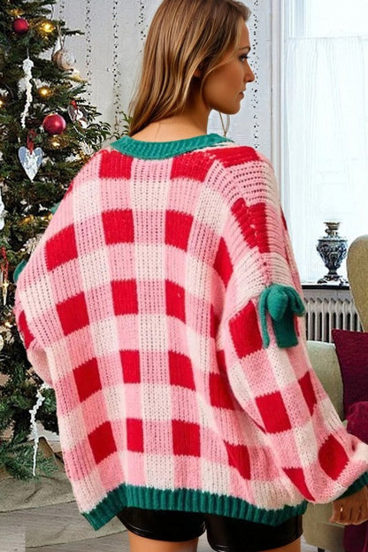 Christmas Plaid Bow Open Front Sweater Knit Cardigan