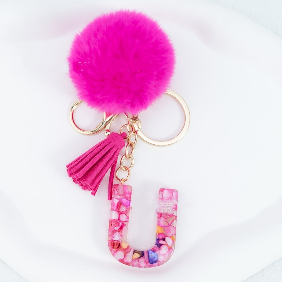 Rose Red Stone 26 English Letters Keychain Fur Ball Tassel Key Bag Pendant