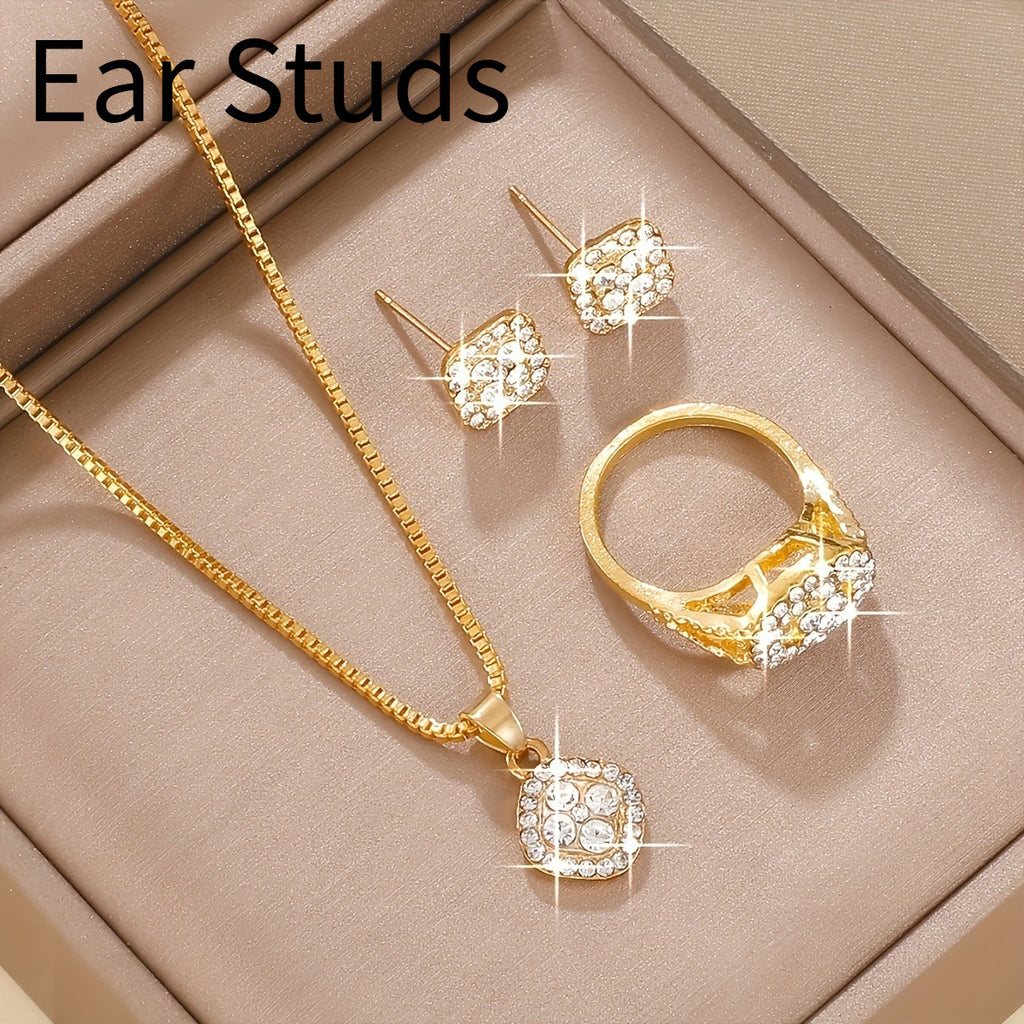 Light Luxury Diamond All-match Necklace Ring Three-piece Earrings Set