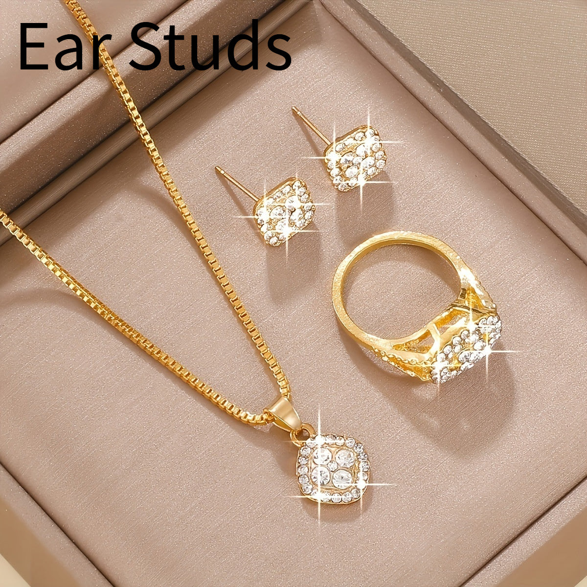 Light Luxury Diamond All-match Necklace Ring Three-piece Earrings Set
