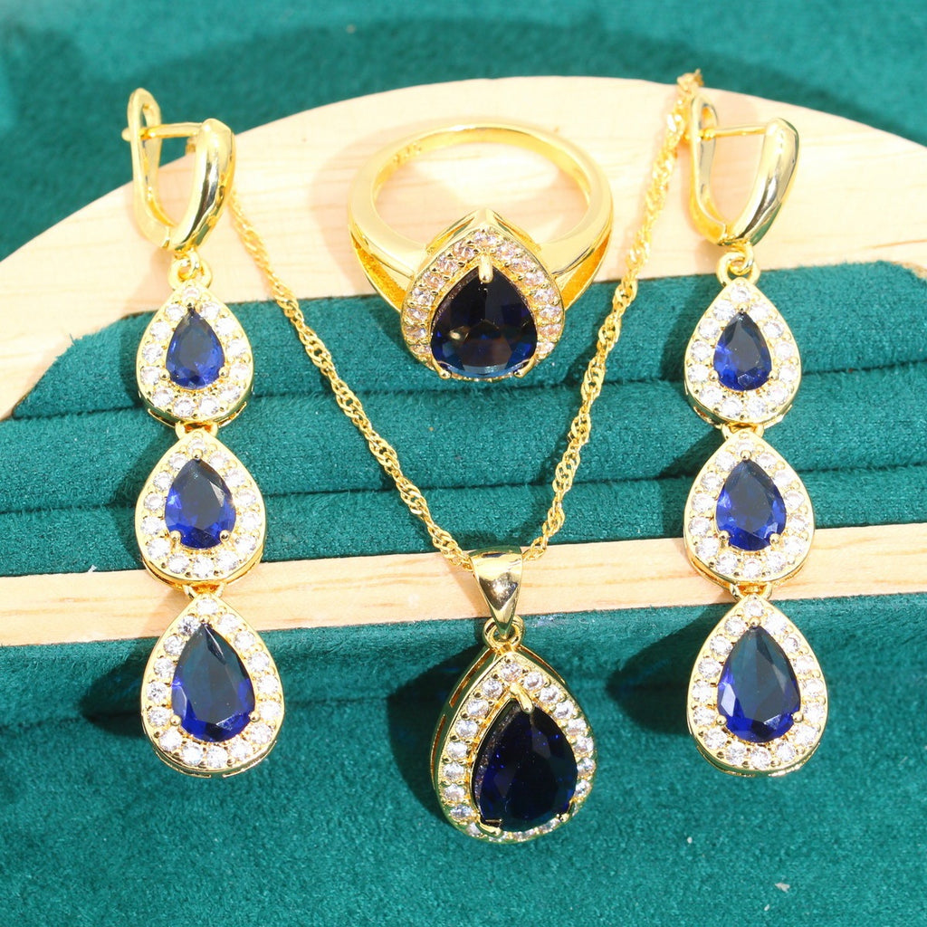 Blue Water Drop Zircon Necklace Earring Ring Bracelet 3-piece Set
