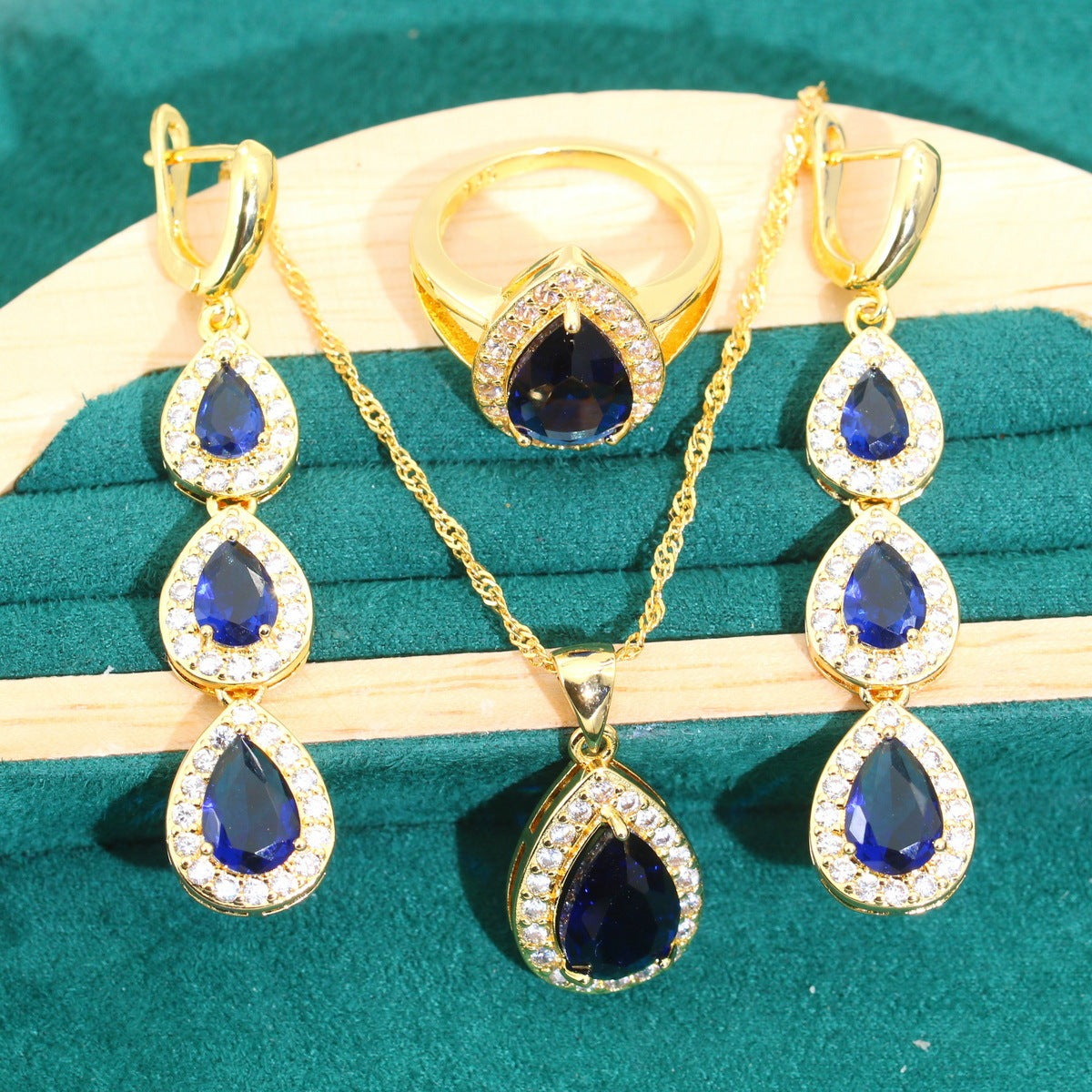 Blue Water Drop Zircon Necklace Earring Ring Bracelet 3-piece Set