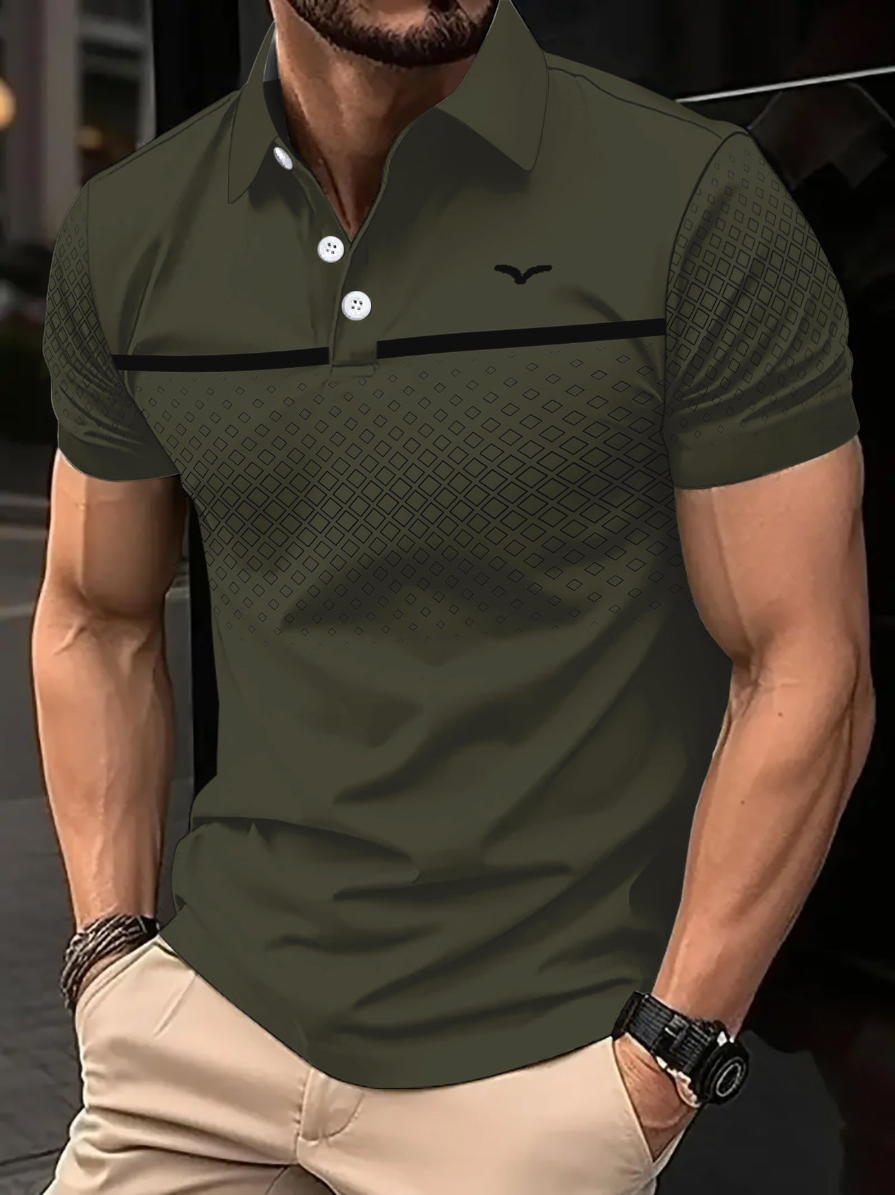 Men's Slim-Fit Printed Lapel Short-Sleeve Polo Shirt
