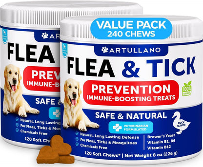 Flea and Tick Prevention for Dogs Chewables   Made in USA   Natural Flea and Tick Supplement for Dogs   240 Immune Support Chews (2 Pack)   Vitamins B1 B6 B12   All Breeds and Ages