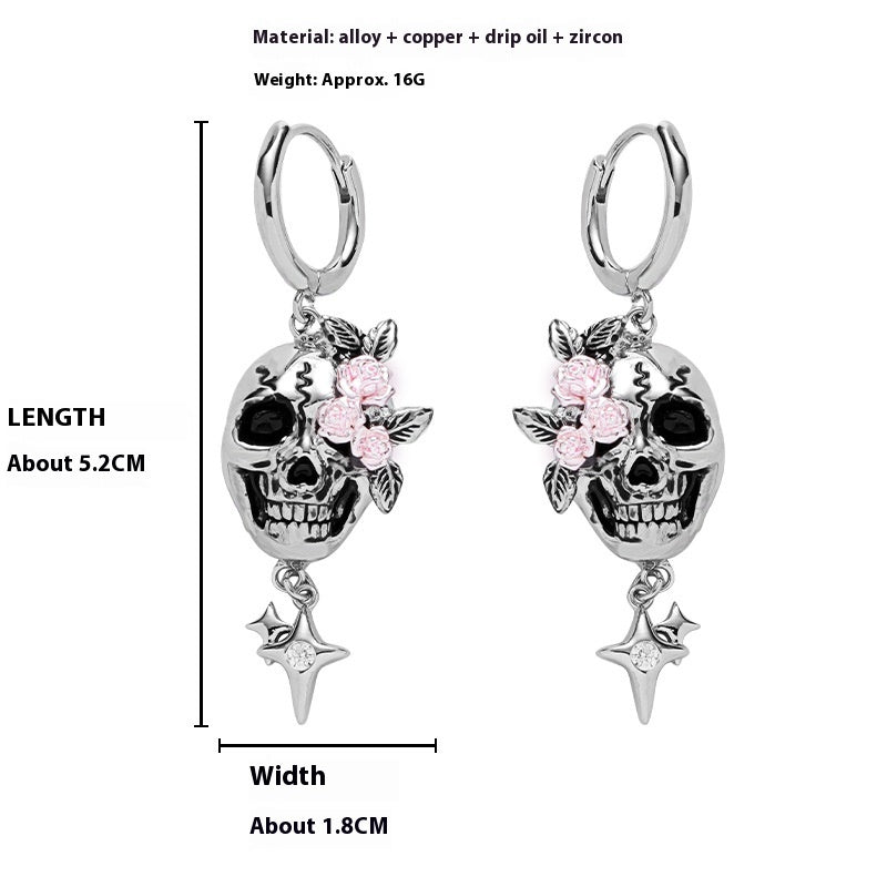 Rose Skull Silver Pin Earrings Ring