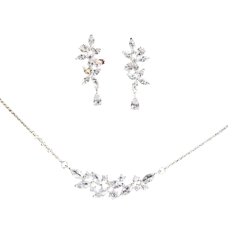 French Exquisite Zircon Leaves Super Fairy Bridal Wedding Necklace Earrings