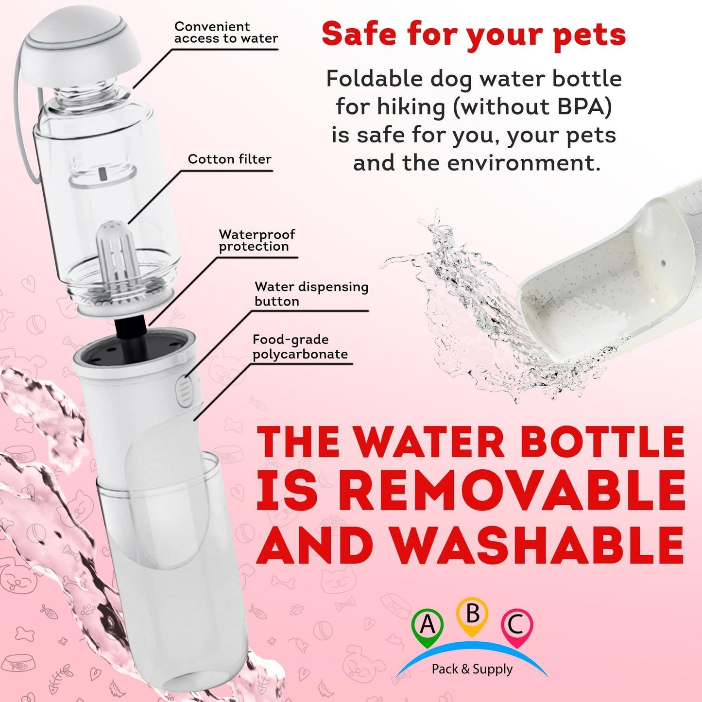 Portable Dog Water Bottle Dispenser 12 Oz 11.8 x 7.9 x 9.2 Inch Pet Water Bottles for Dogs on Walks ABS Dog Travel Water Bottle with Silicone Strap & Cotton Filter