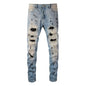 Rhinestone Patch Slim Fit Straight Ripped High Street Jeans