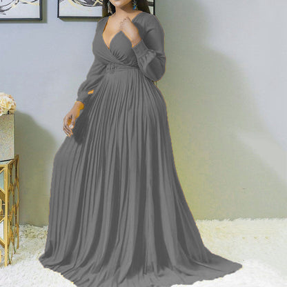 Women's Deep V Cross Gathers Front Chest Lower Solid Color Dresses