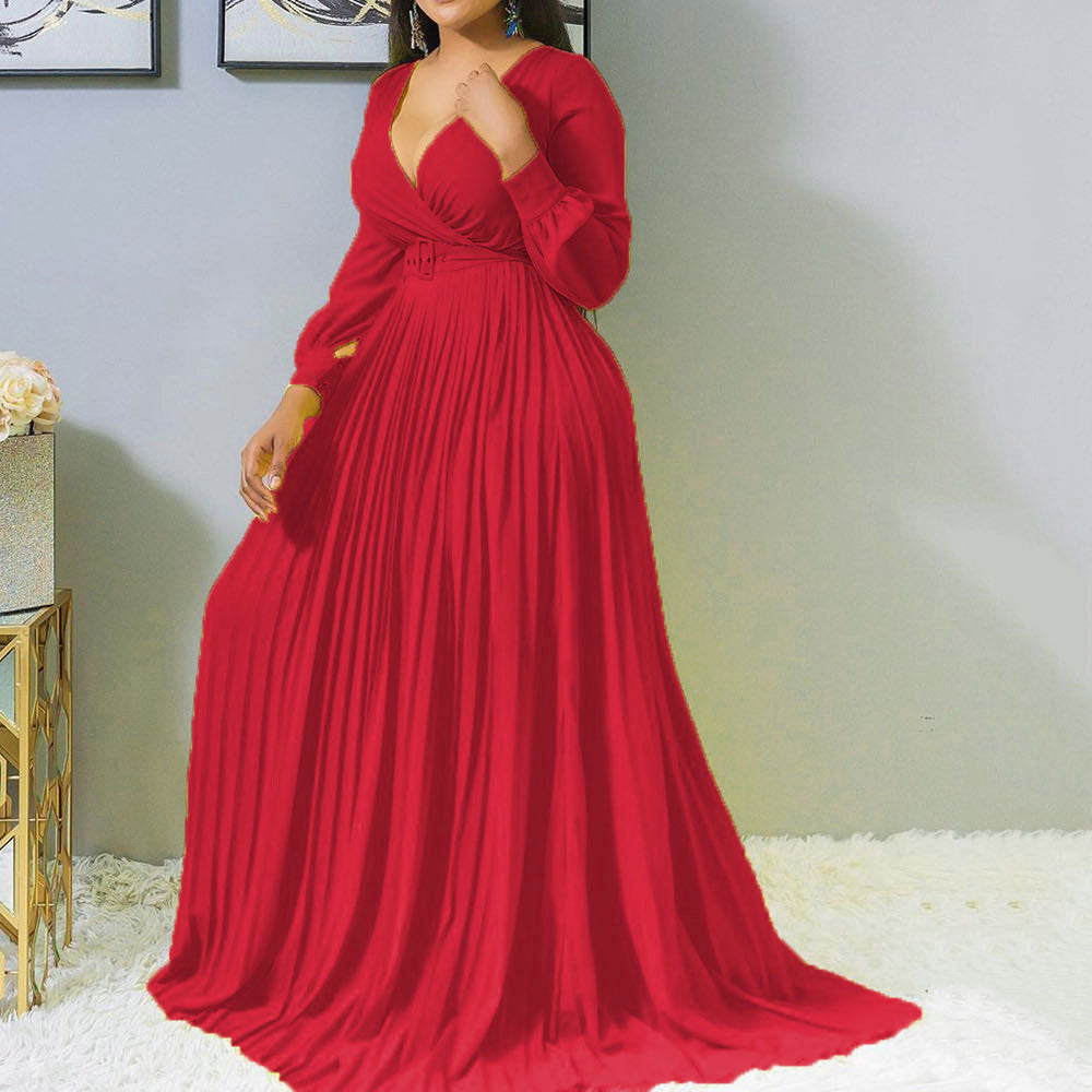 Women's Deep V Cross Gathers Front Chest Lower Solid Color Dresses