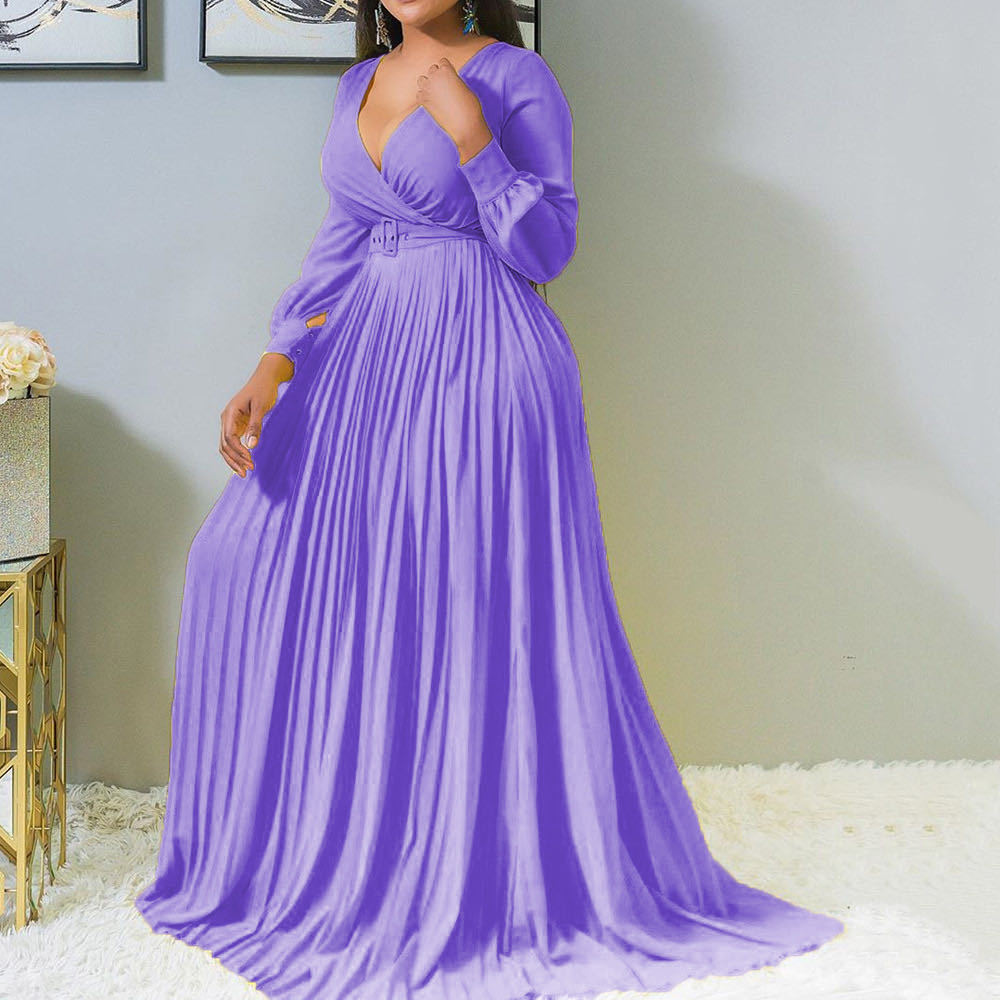 Women's Deep V Cross Gathers Front Chest Lower Solid Color Dresses