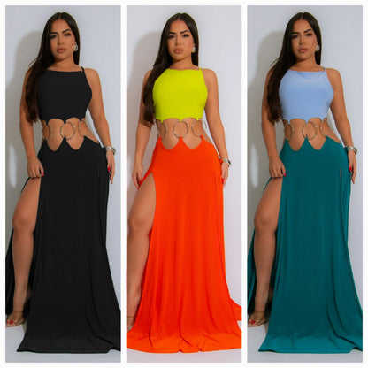 Ringed Open Back Slit Up Maxi Dress/Coverup Dress