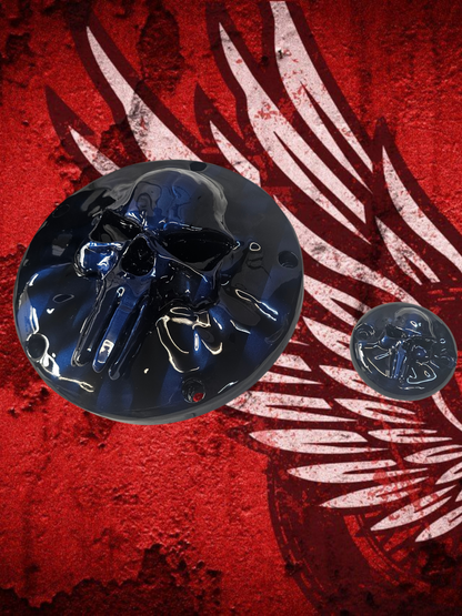 Punisher skull stretching through flag Harley derby and points cover