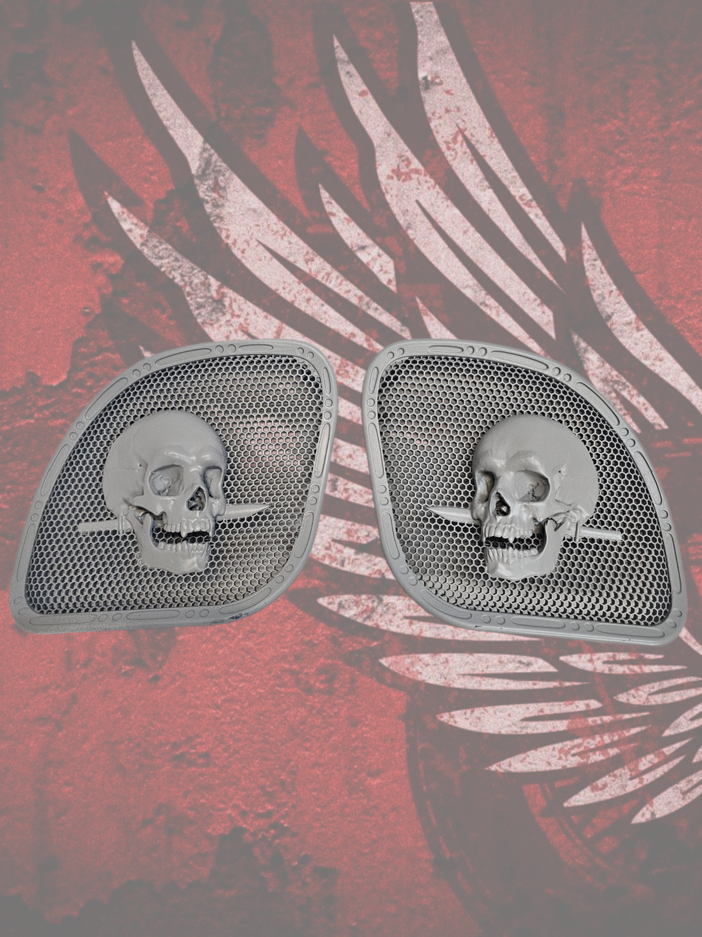 98 to 2024+ Road Glide 3D skull and dagger speakers grill covers set